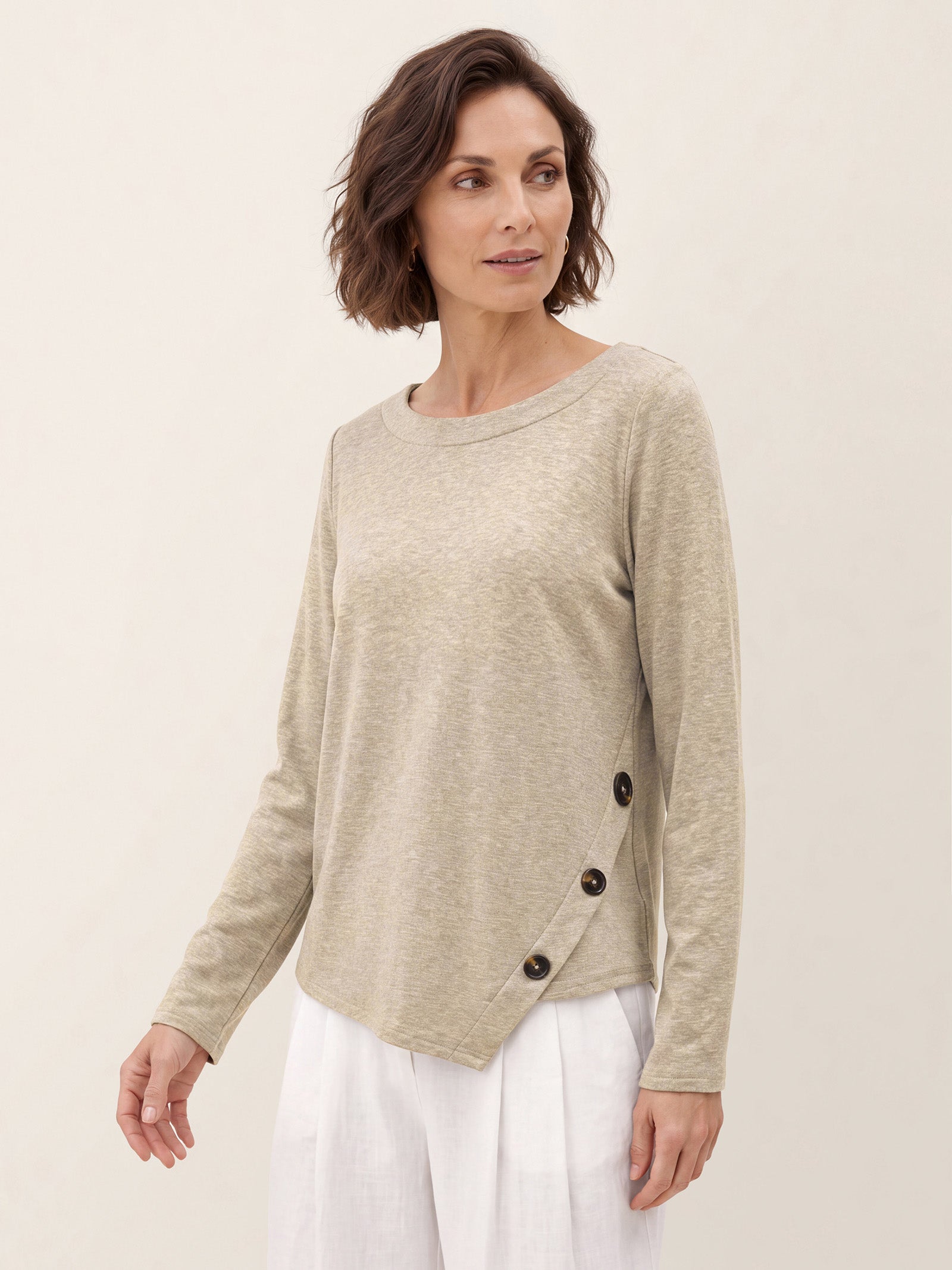 Oat Melange Lyocell Wool Asymmetric Hem Side Button Knit Top CELIA by LINTICO