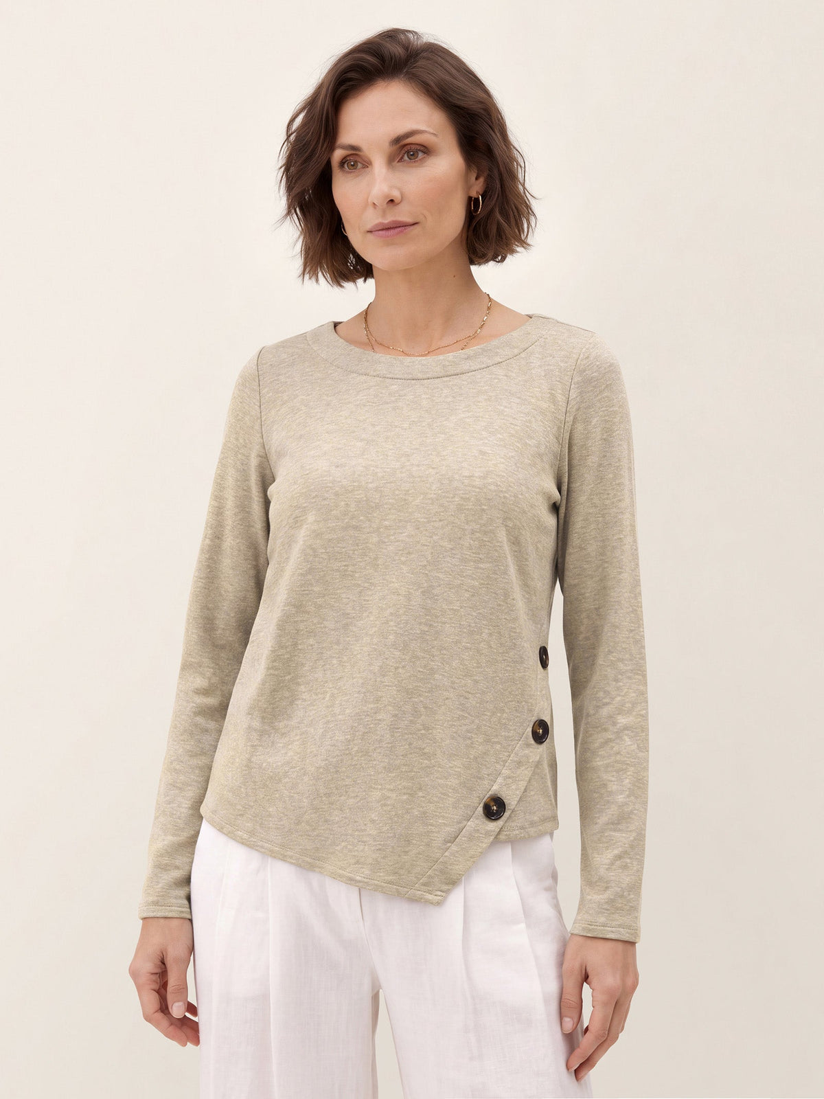 Oat Melange Lyocell Wool Asymmetric Hem Side Button Knit Top CELIA by LINTICO