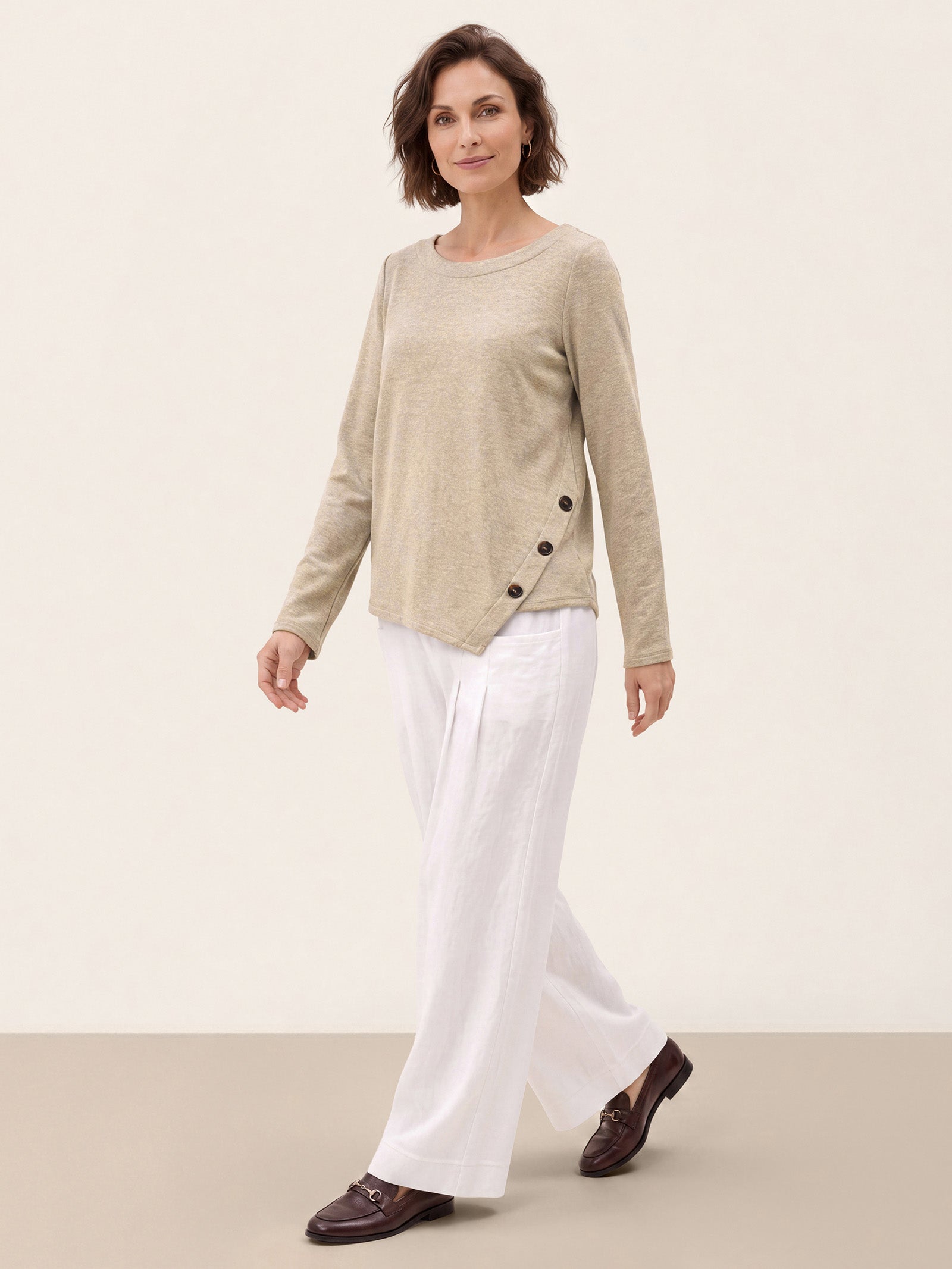 Oat Melange Lyocell Wool Asymmetric Hem Side Button Knit Top CELIA by LINTICO