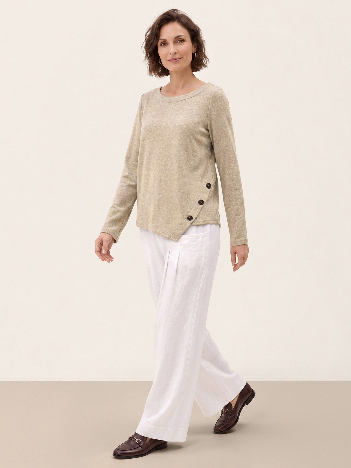 Oat Melange Lyocell Wool Asymmetric Hem Side Button Knit Top CELIA by LINTICO