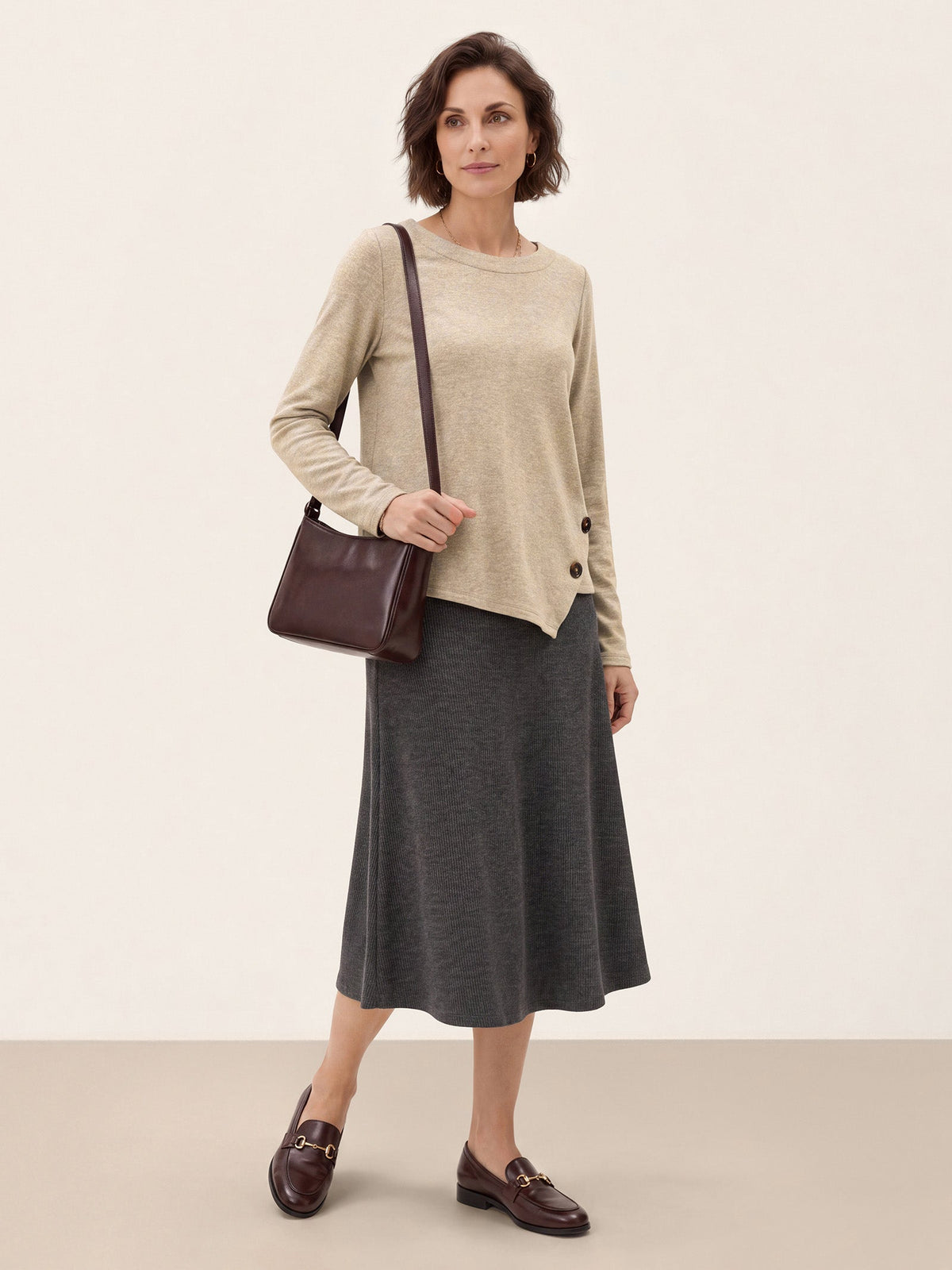 Oat Melange Lyocell Wool Asymmetric Hem Side Button Knit Top CELIA by LINTICO