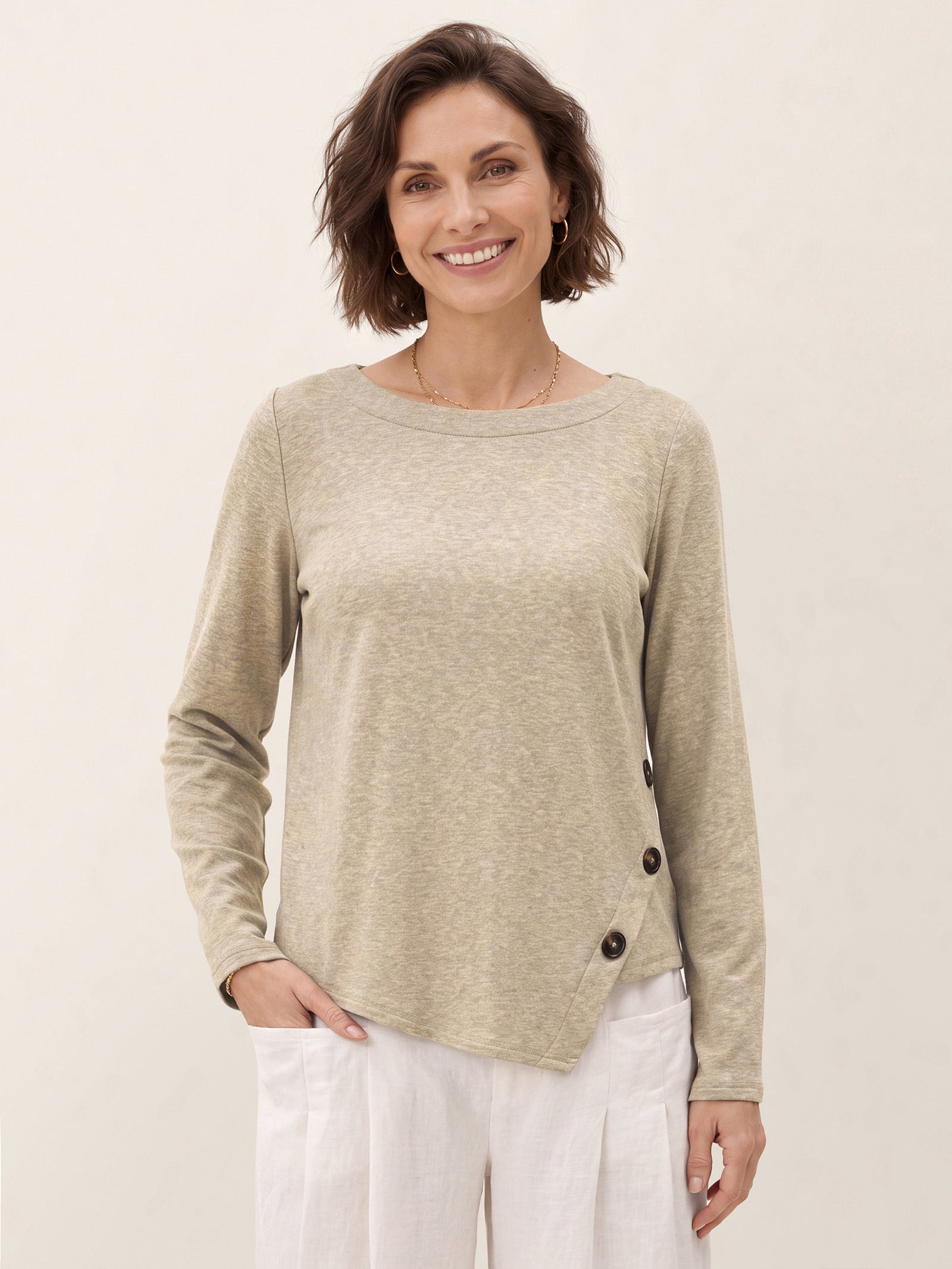 Oat Melange Lyocell Wool Asymmetric Hem Side Button Knit Top CELIA by LINTICO
