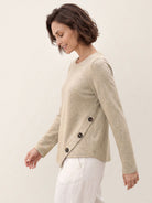 Oat Melange Lyocell Wool Asymmetric Hem Side Button Knit Top CELIA by LINTICO