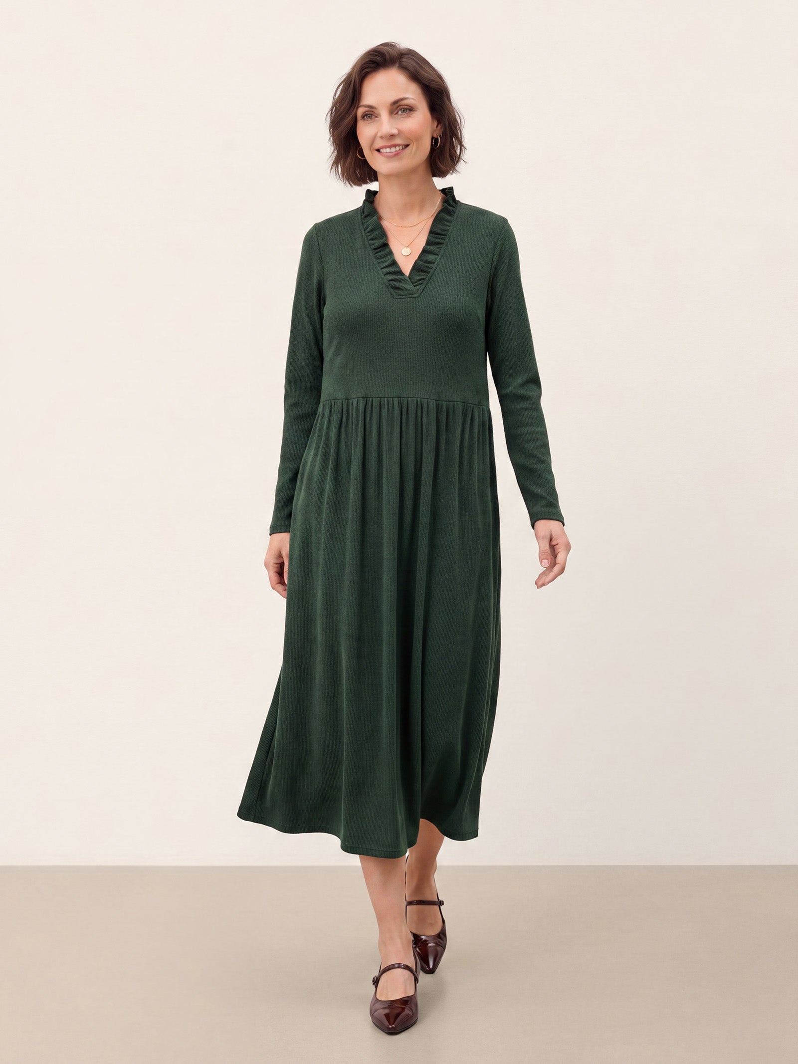 Pine Green Lyocell Ruffle V-Neck Gathered Waist Knit Midi Dress BRIELLE