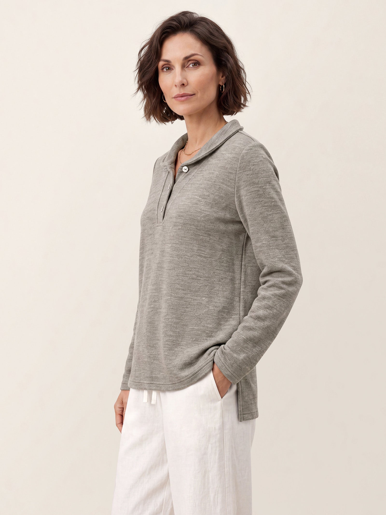 Mushroom Grey Lyocell Wool Peter Pan Collar Shell Button Knit Top ELIANE by LINTICO