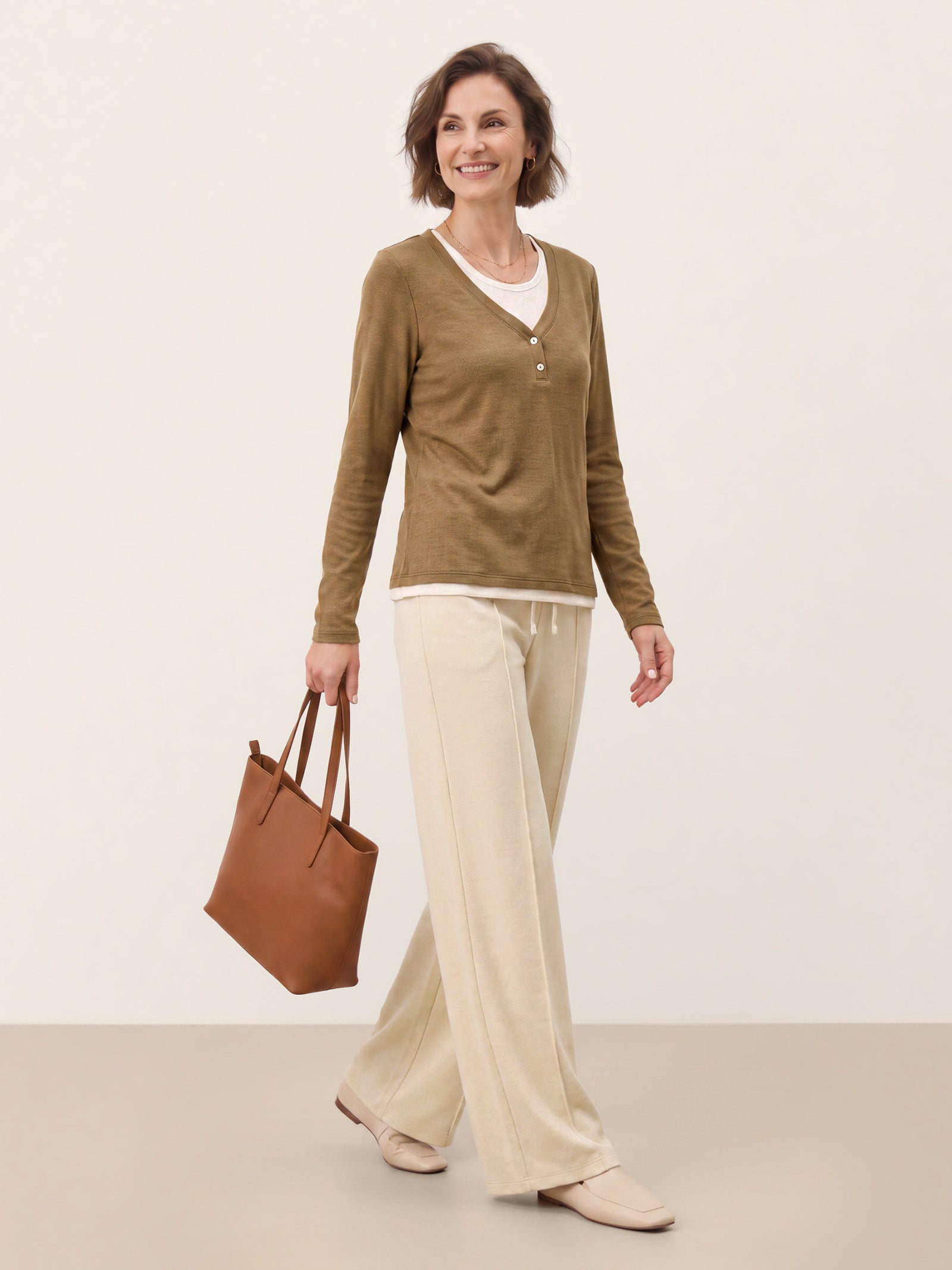 Chestnut Brown Lyocell Wool Layered Look Button Placket Top SABRINE by LINTICO