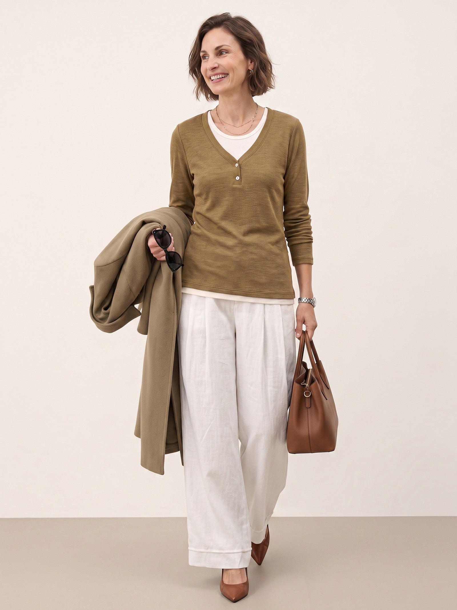 Chestnut Brown Lyocell Wool Layered Look Button Placket Top SABRINE by LINTICO