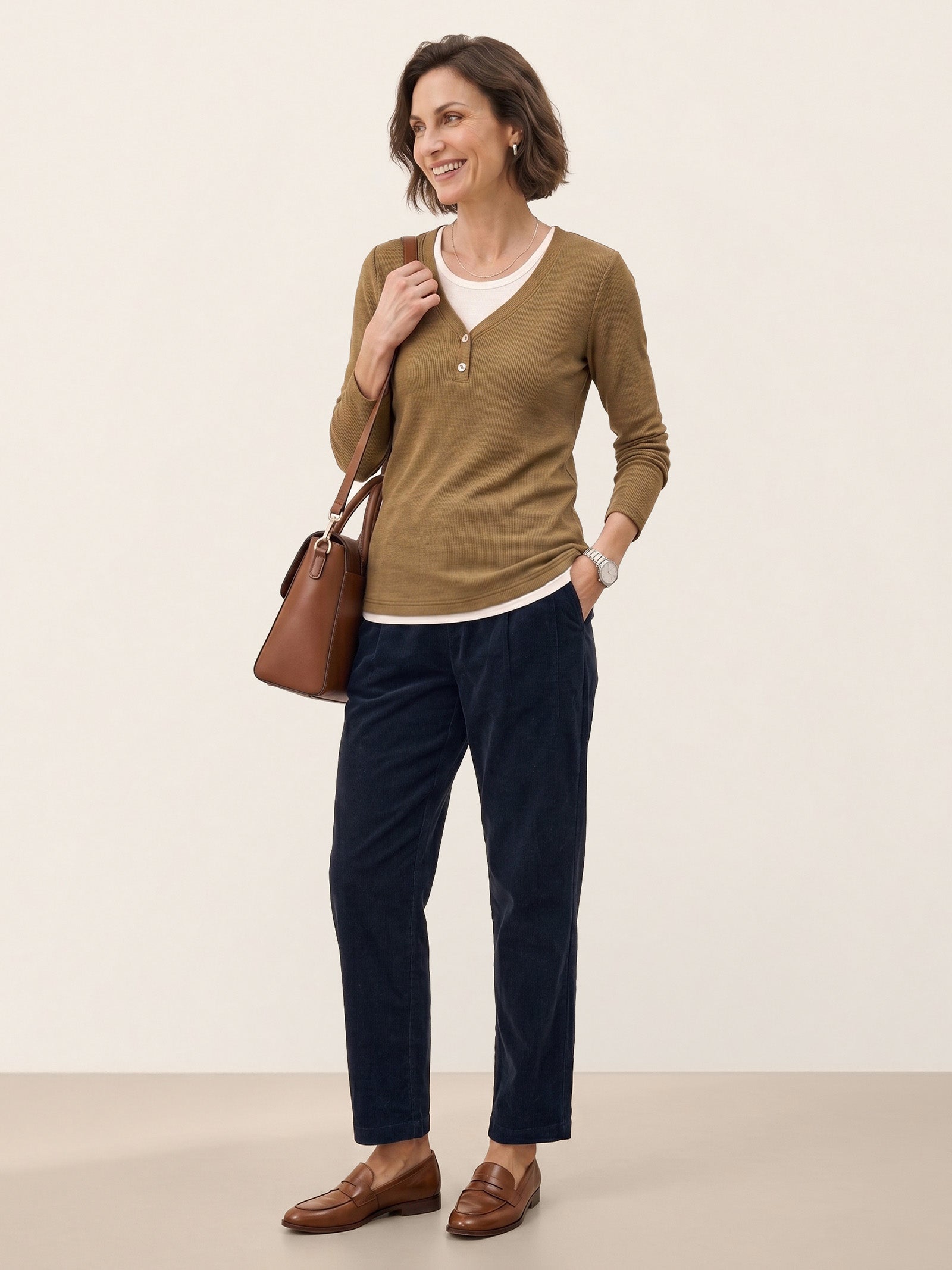 Chestnut Brown Lyocell Wool Layered Look Button Placket Top SABRINE by LINTICO