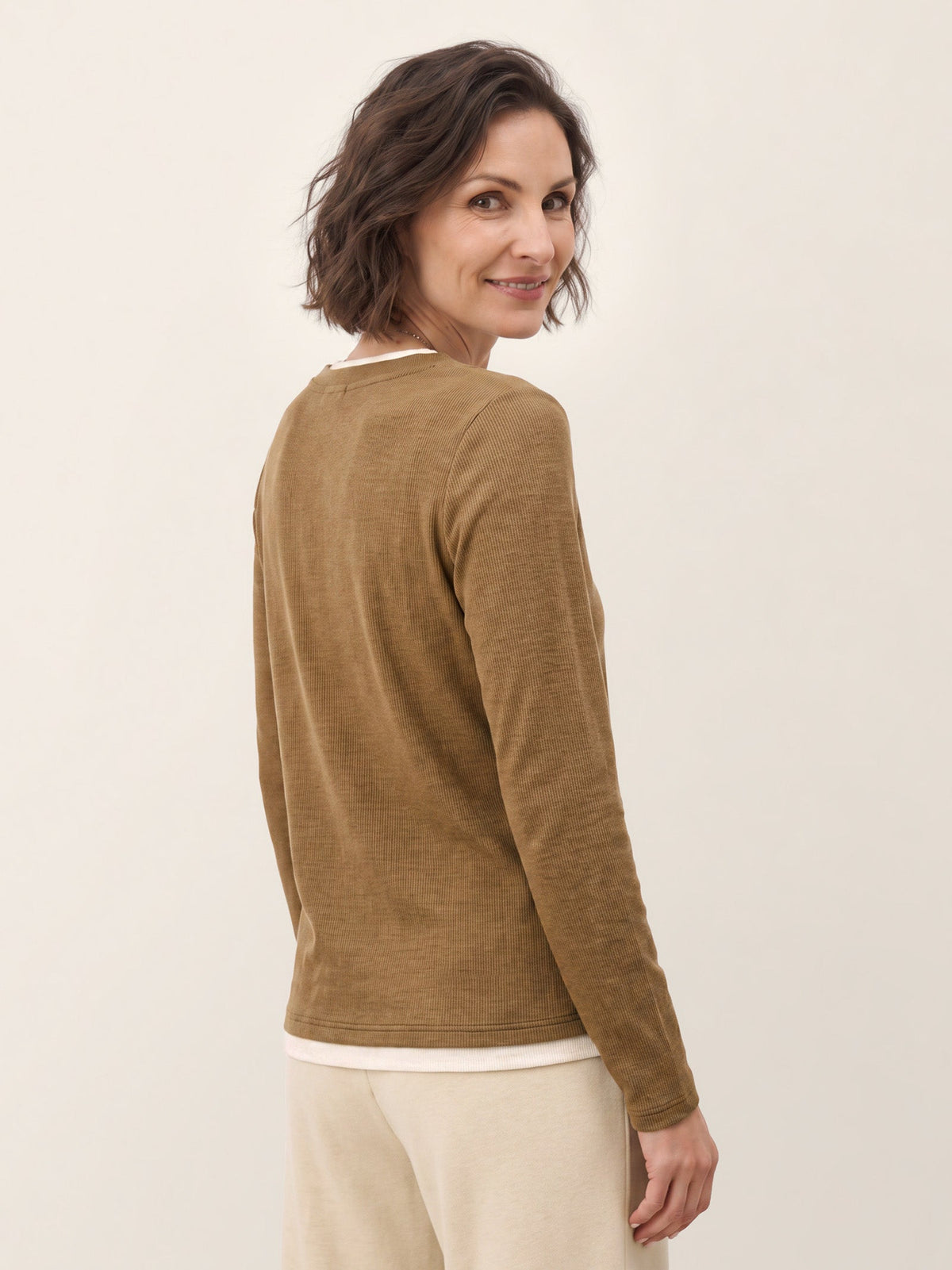 Chestnut Brown Lyocell Wool Layered Look Button Placket Top SABRINE by LINTICO