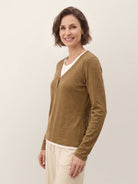 Chestnut Brown Lyocell Wool Layered Look Button Placket Top SABRINE by LINTICO