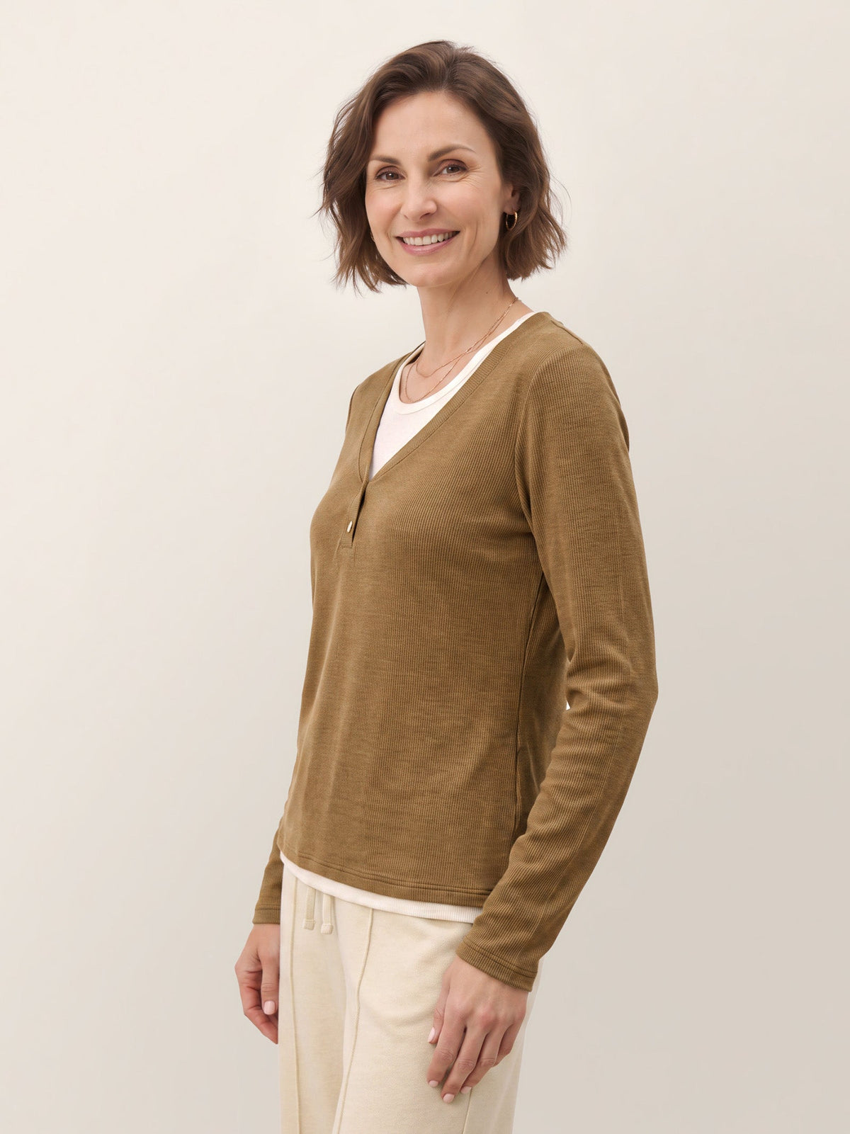 Chestnut Brown Lyocell Wool Layered Look Button Placket Top SABRINE by LINTICO