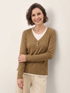 Chestnut Brown Lyocell Wool Layered Look Button Placket Top SABRINE by LINTICO