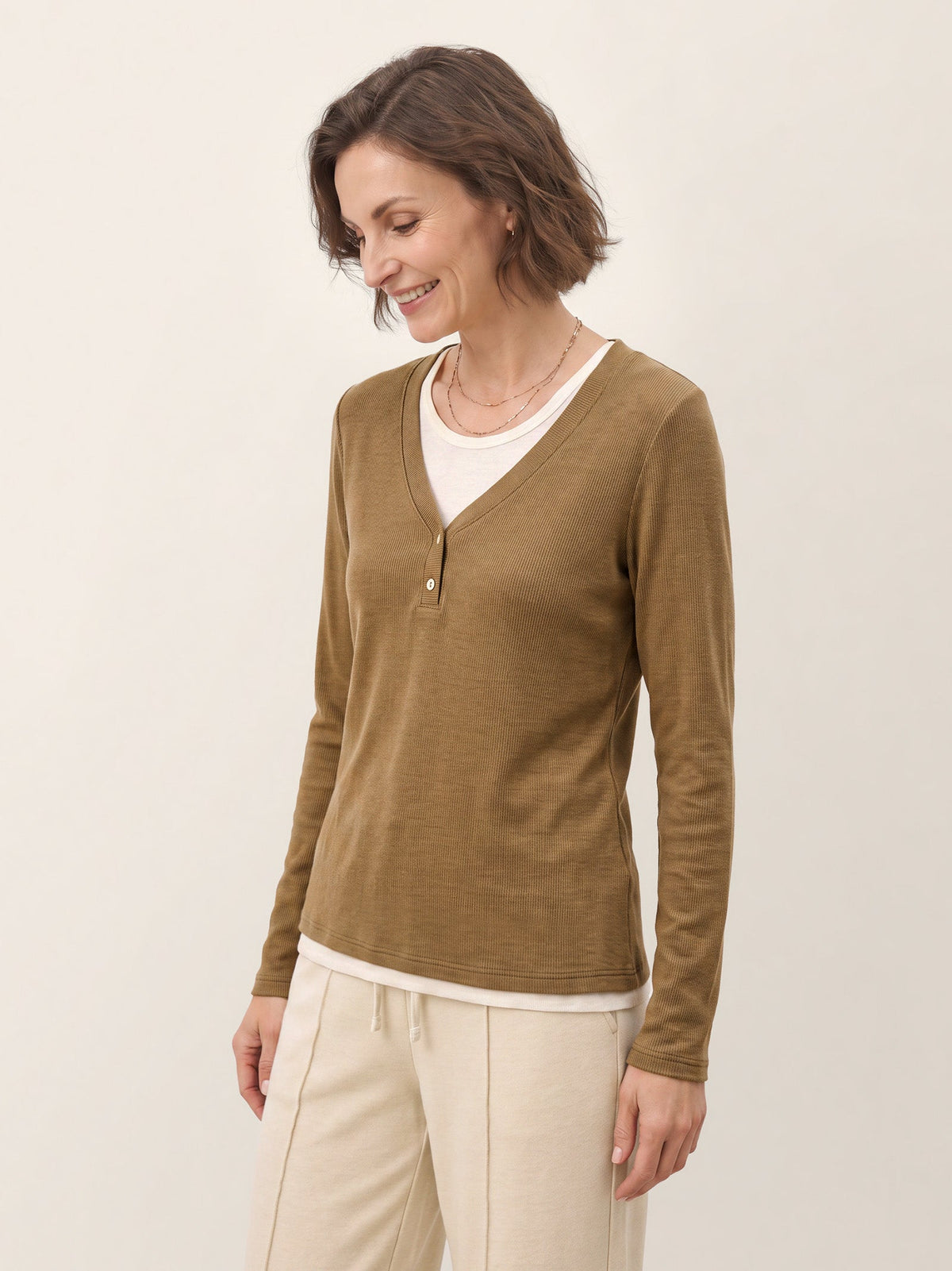 Chestnut Brown Lyocell Wool Layered Look Button Placket Top SABRINE by LINTICO