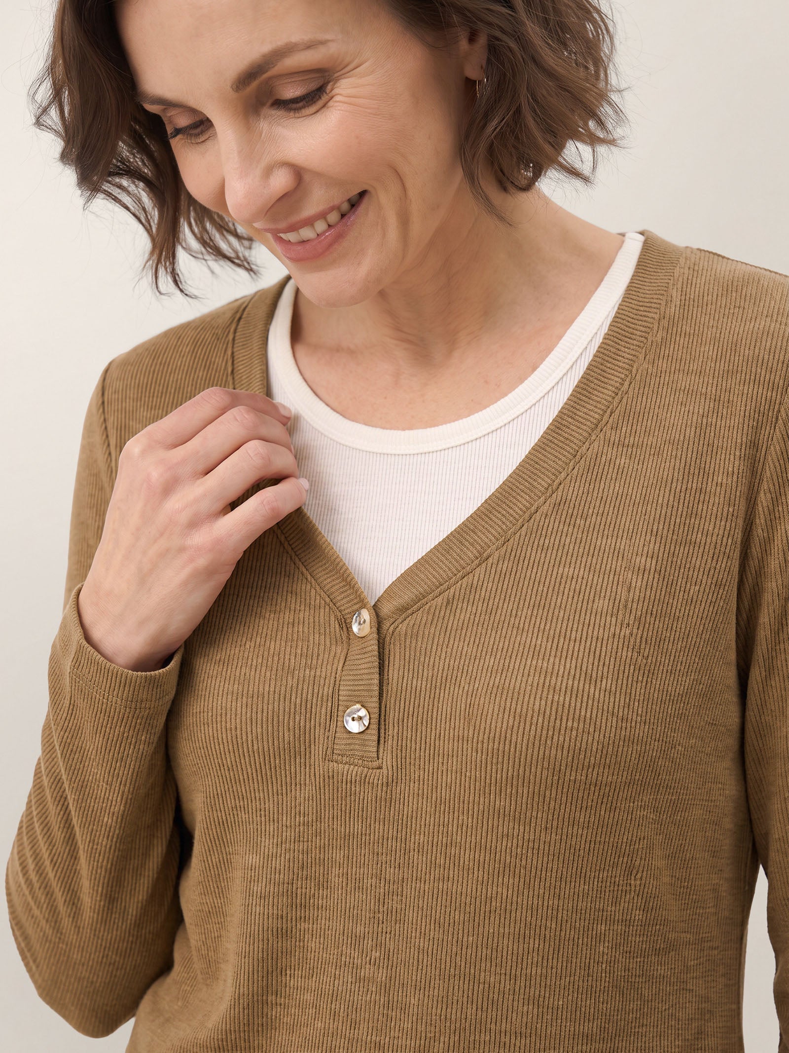 Chestnut Brown Lyocell Wool Layered Look Button Placket Top SABRINE by LINTICO