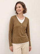 Chestnut Brown Lyocell Wool Layered Look Button Placket Top SABRINE by LINTICO