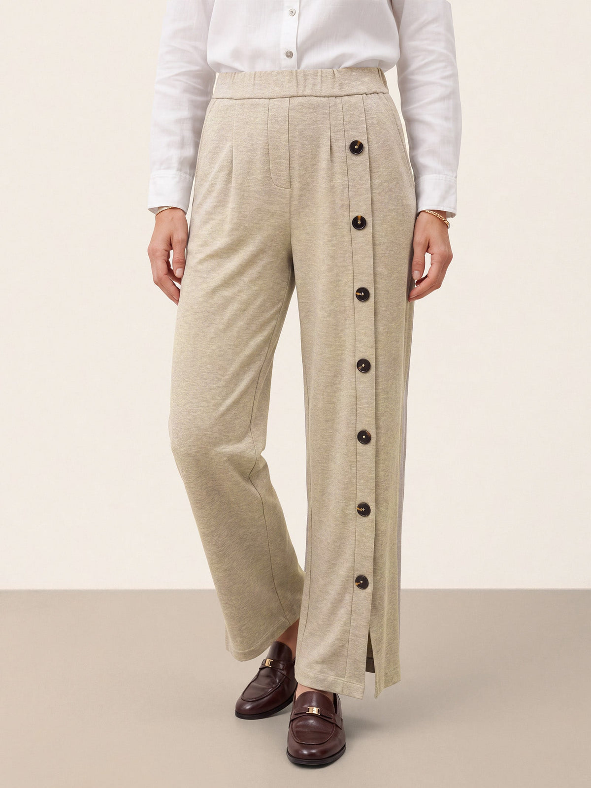 Oat Melange Lyocell Wool Side Button Wide Leg Knit Pants MAREN by LINTICO