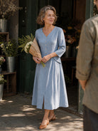 Blue 100% Linen Shell Button A Line Midi Dress ELIORA by LINTICO