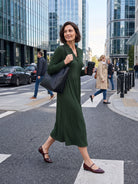 Pine Green Lyocell Ruffle V-Neck Gathered Waist Knit Midi Dress BRIELLE