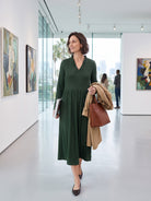 Pine Green Lyocell Ruffle V-Neck Gathered Waist Knit Midi Dress BRIELLE