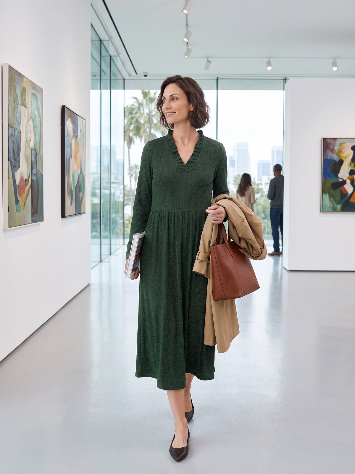 Pine Green Lyocell Ruffle V-Neck Gathered Waist Knit Midi Dress BRIELLE