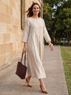 100% Linen Bateau Neck Pleated Midi Dress ABIGAIL by LINTICO for women