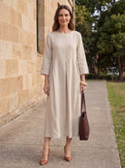 100% Linen Bateau Neck Pleated Midi Dress ABIGAIL by LINTICO for women