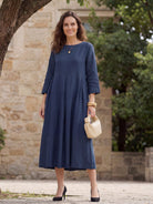 100% Linen Bateau Neck Pleated Midi Dress ABIGAIL by LINTICO for women