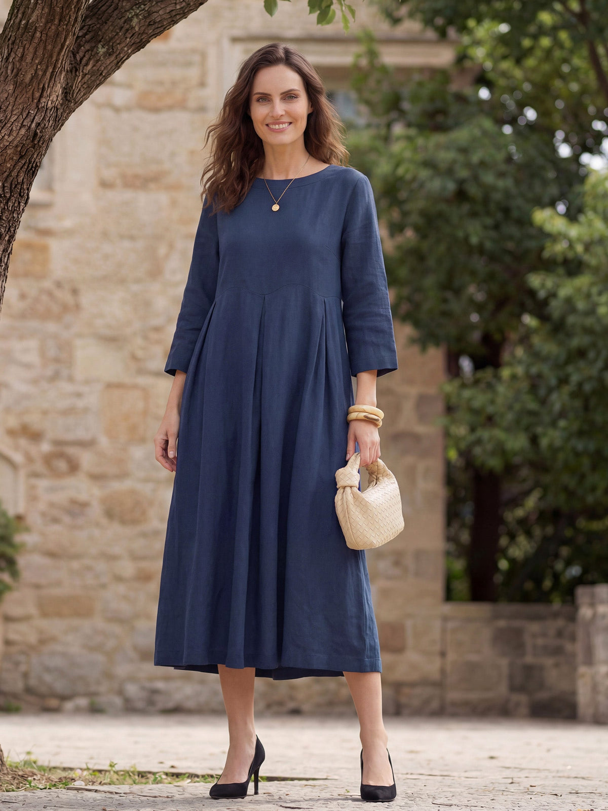 100% Linen Bateau Neck Pleated Midi Dress ABIGAIL by LINTICO for women