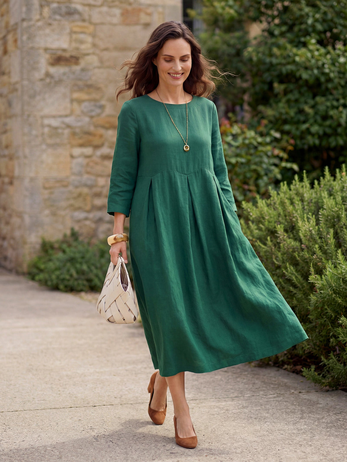 100% Linen Bateau Neck Pleated Midi Dress ABIGAIL by LINTICO for women