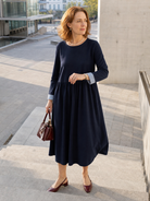 Blue Organic Cotton Patchwork Cuff Crew Neck Casual Midi Dress SCARLETT by LINTICO