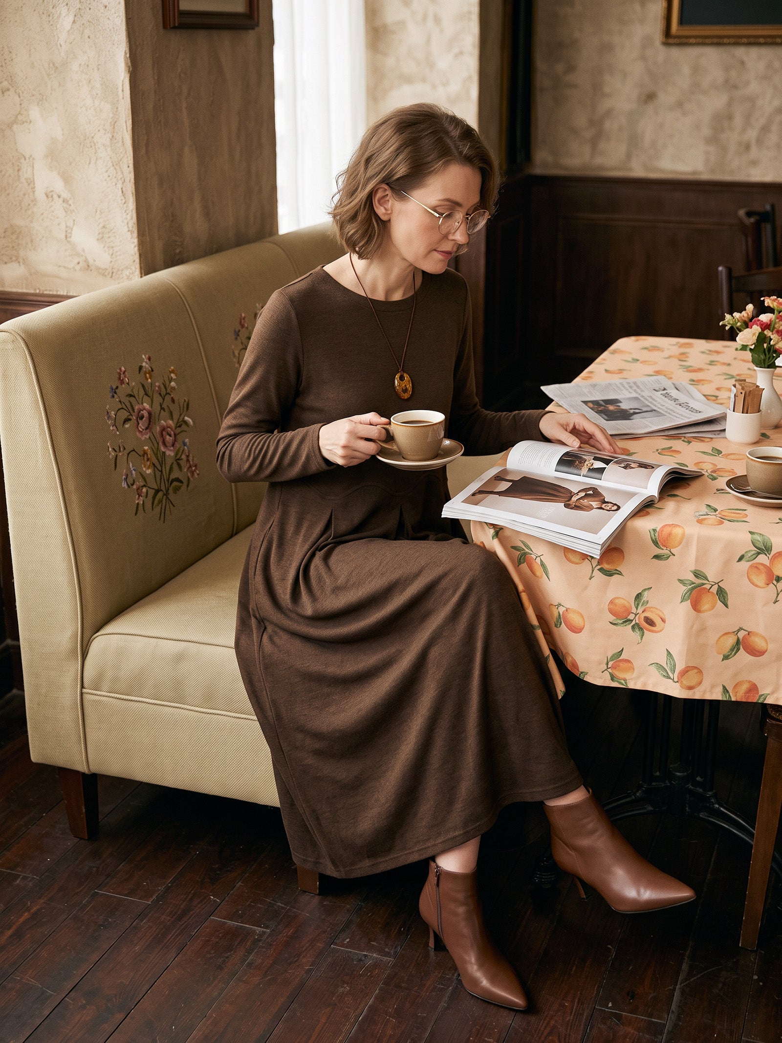 Coffee Wool Arc-Panel Sculpted Pleats Midi Dress CALISTA