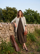 Coffee Wool Arc-Panel Sculpted Pleats Midi Dress CALISTA