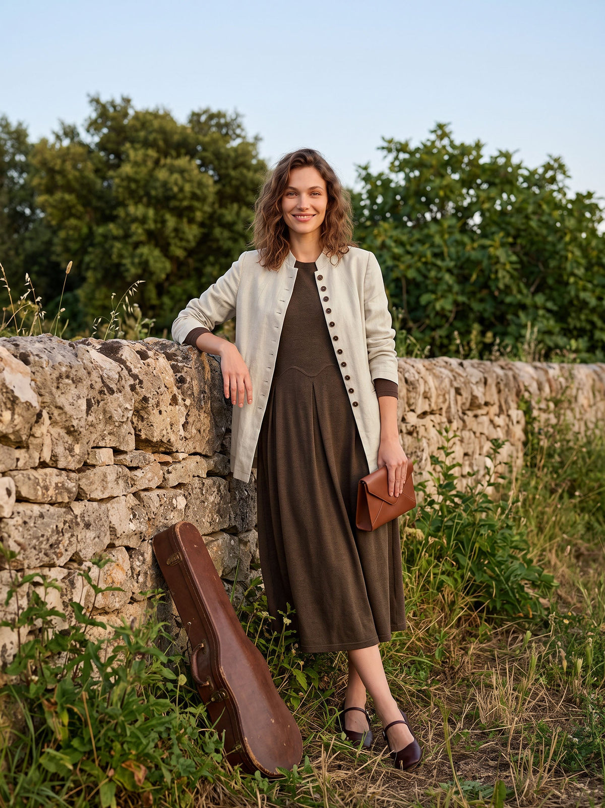 Coffee Wool Arc-Panel Sculpted Pleats Midi Dress CALISTA