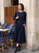 Navy Blue Wool Arc-Panel Sculpted Pleats Midi Dress CALISTA