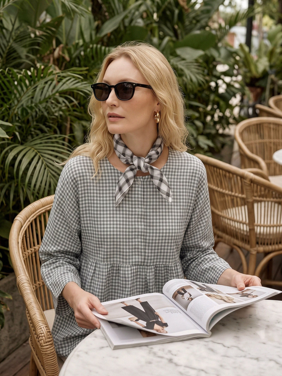 Ink Check Natural Linen Soft Texture Scarf