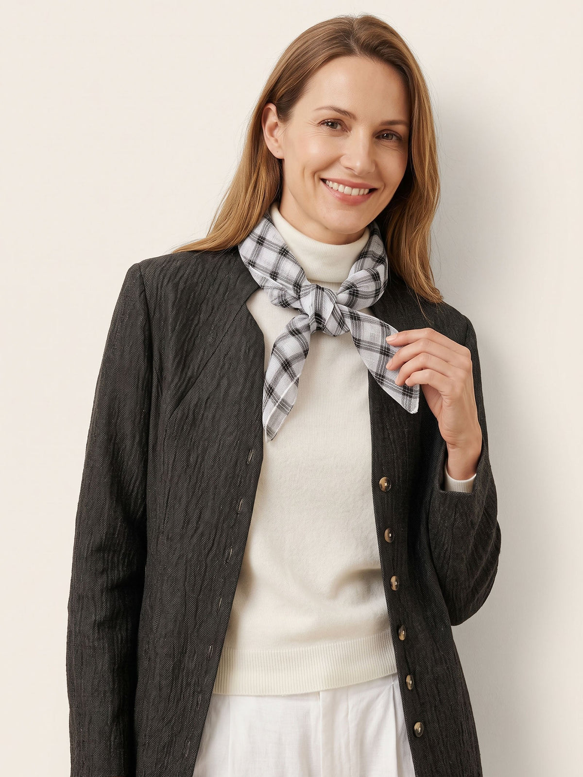 Ink Check Natural Linen Soft Texture Scarf