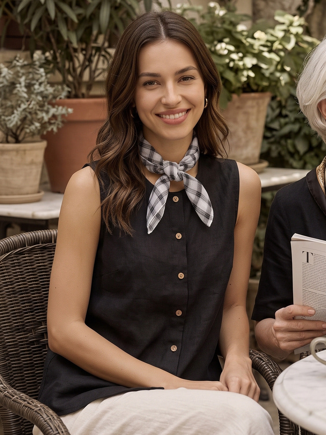 Ink Check Natural Linen Soft Texture Scarf