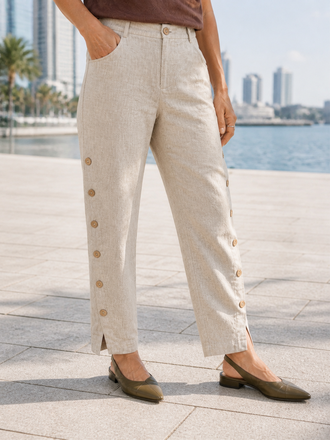 100% Linen Wood Button Slit Hem Ankle Pants ALBA by LINTICO