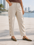 100% Linen Wood Button Slit Hem Ankle Pants ALBA by LINTICO