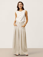 100% Linen Sculpted Pleat Elasticated Back Relaxed Pants VERIDIANA by LINTICO for women