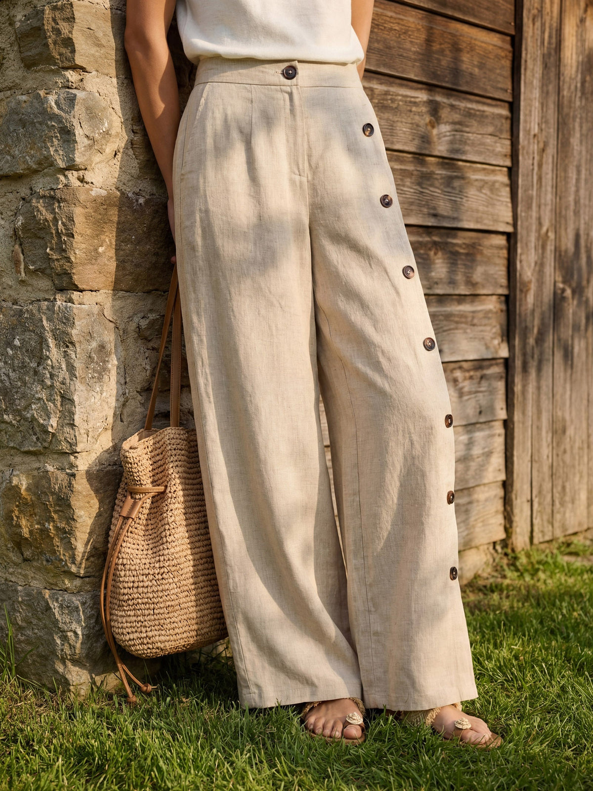 100% Linen Buttoned Slit-Hem Pants KATYA by LINTICO for women