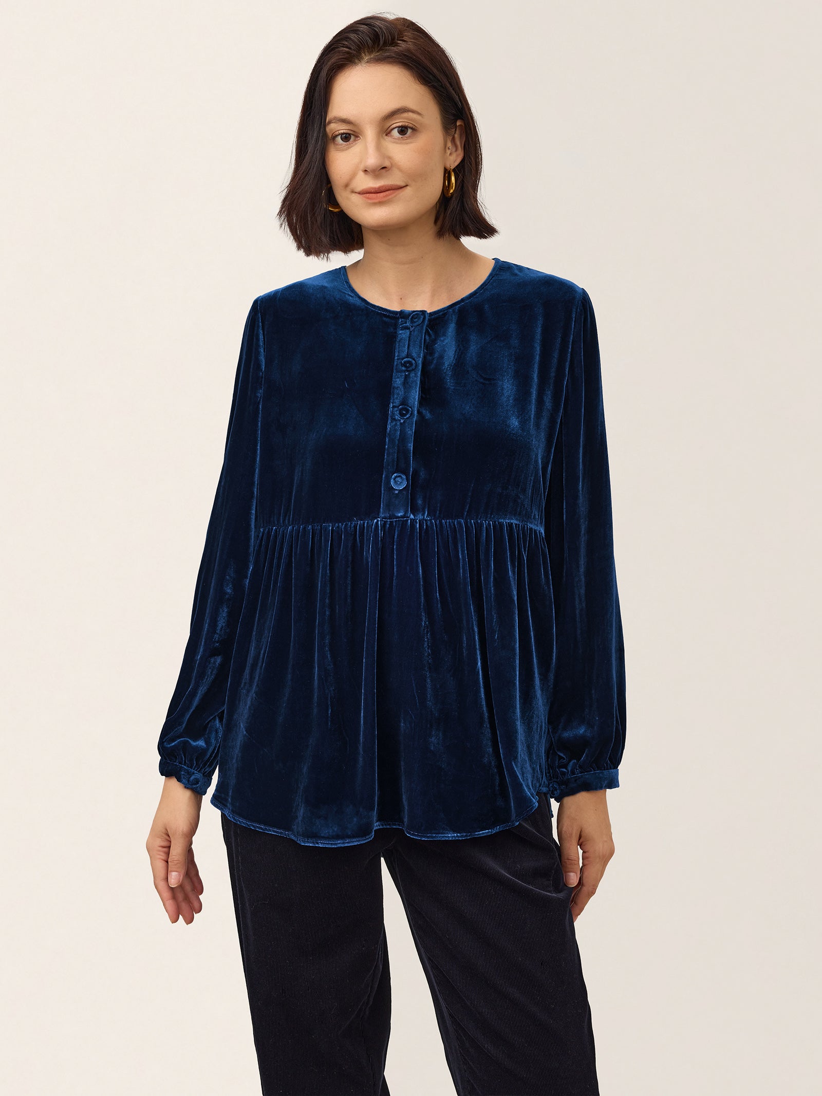 Blue Silk Velvet Gathered Waist Half Placket Top MIRELLE