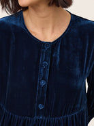Blue Silk Velvet Gathered Waist Half Placket Top MIRELLE