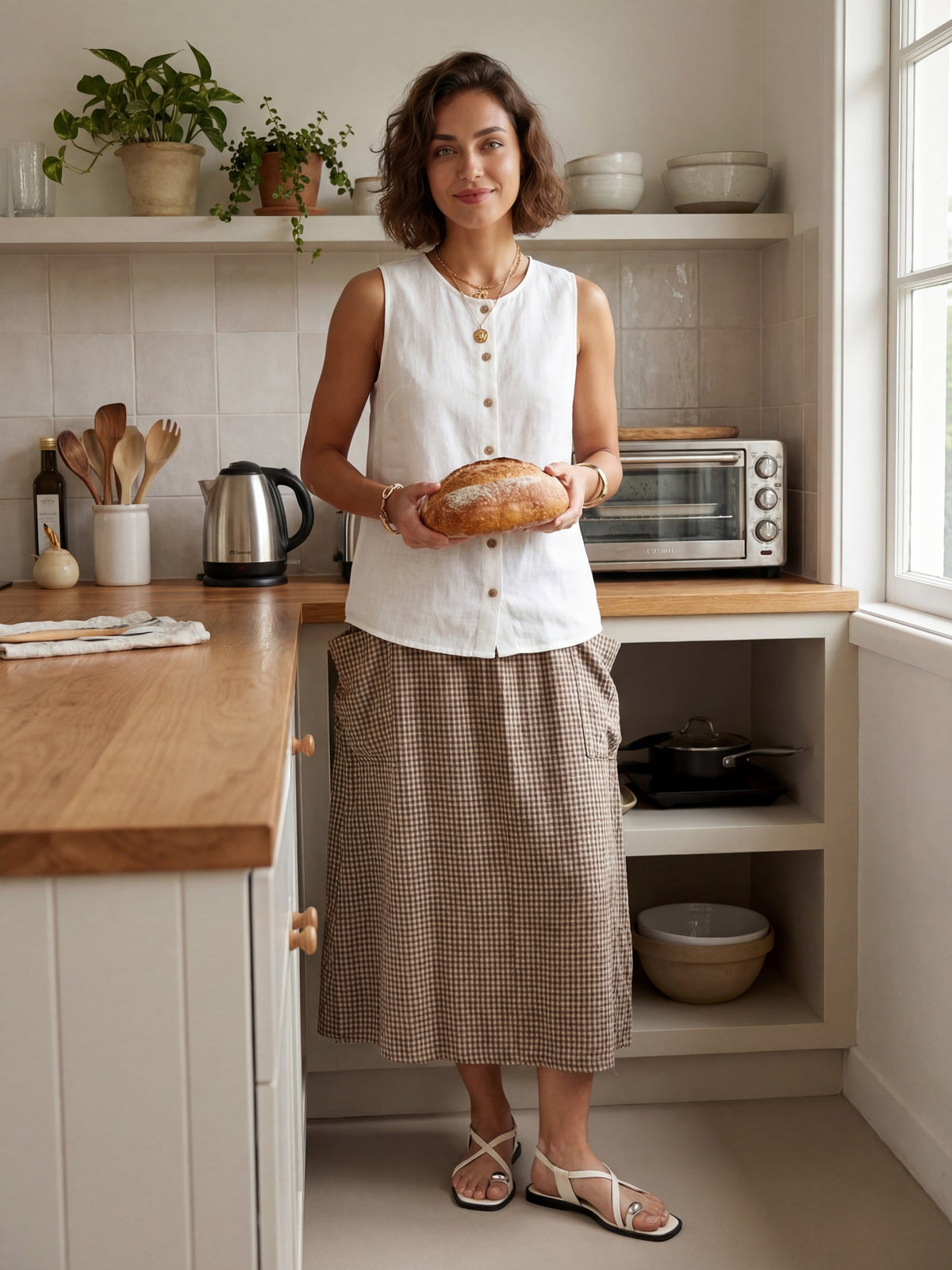 Linen Checked Elastic Waist Skirt MARINA by LINTICO for women