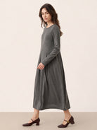 Charcoal Grey Wool Arc-Panel Sculpted Pleats Midi Dress CALISTA
