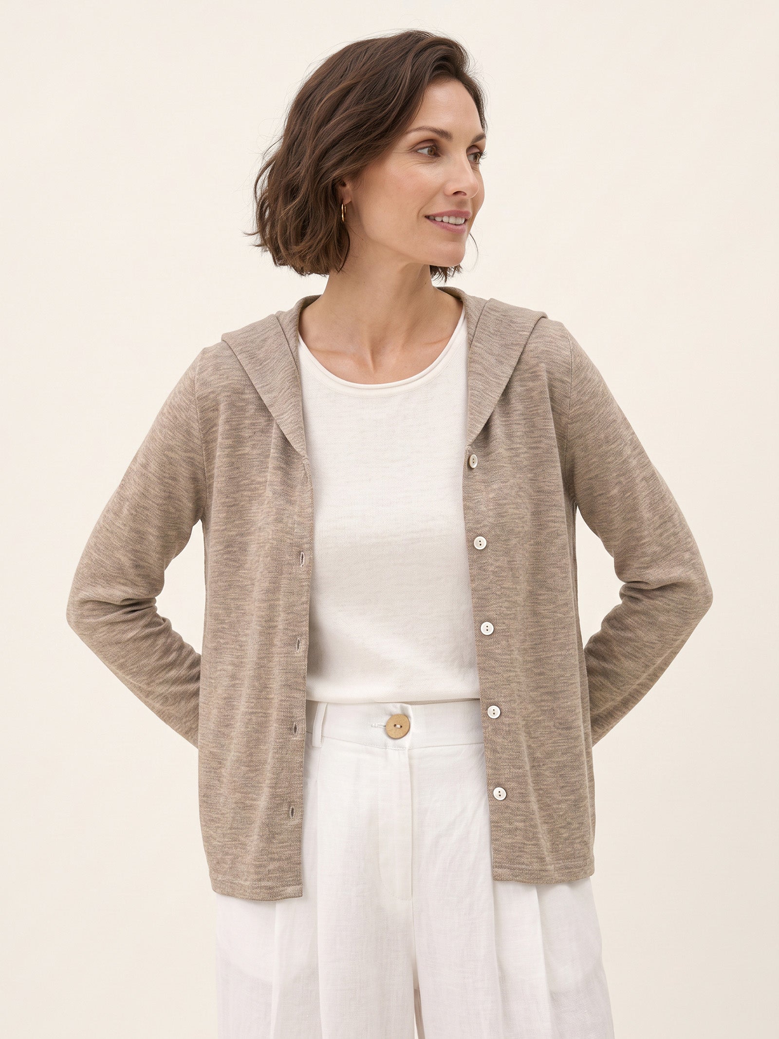 Rose Taupe Wool Hooded Collar Shell Button Knit Cardigan SYLVIE by LINTICO