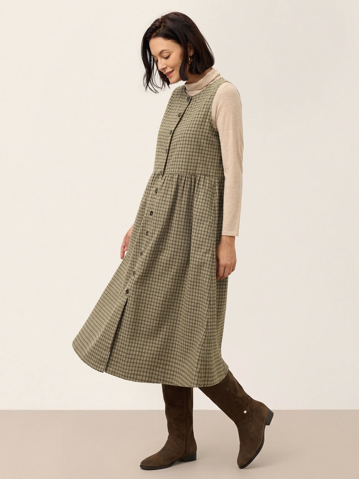 Yarn Dyed Check Gathered Waist Sleeveless Midi Dress CASSARA product image