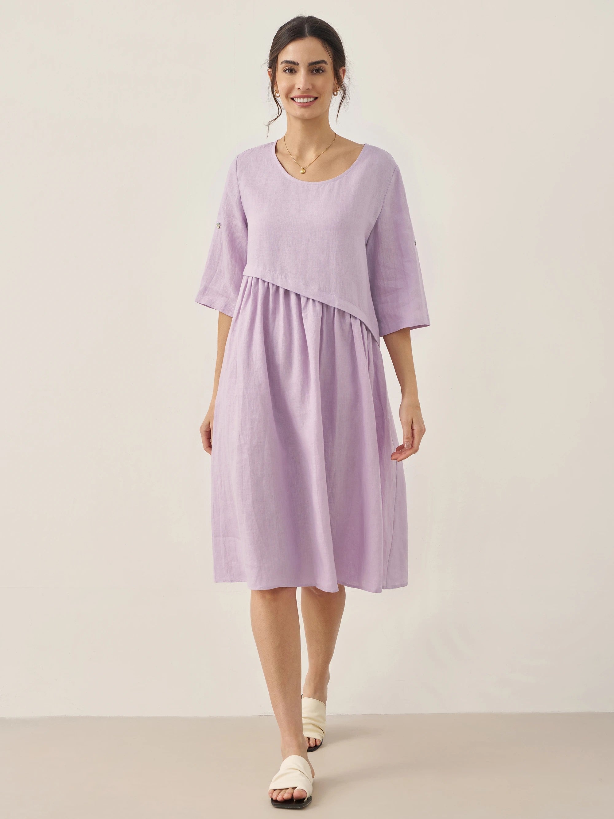 100% LINEN ASYMMETRICAL PLEATED ROUND NECK MIDI DRESS