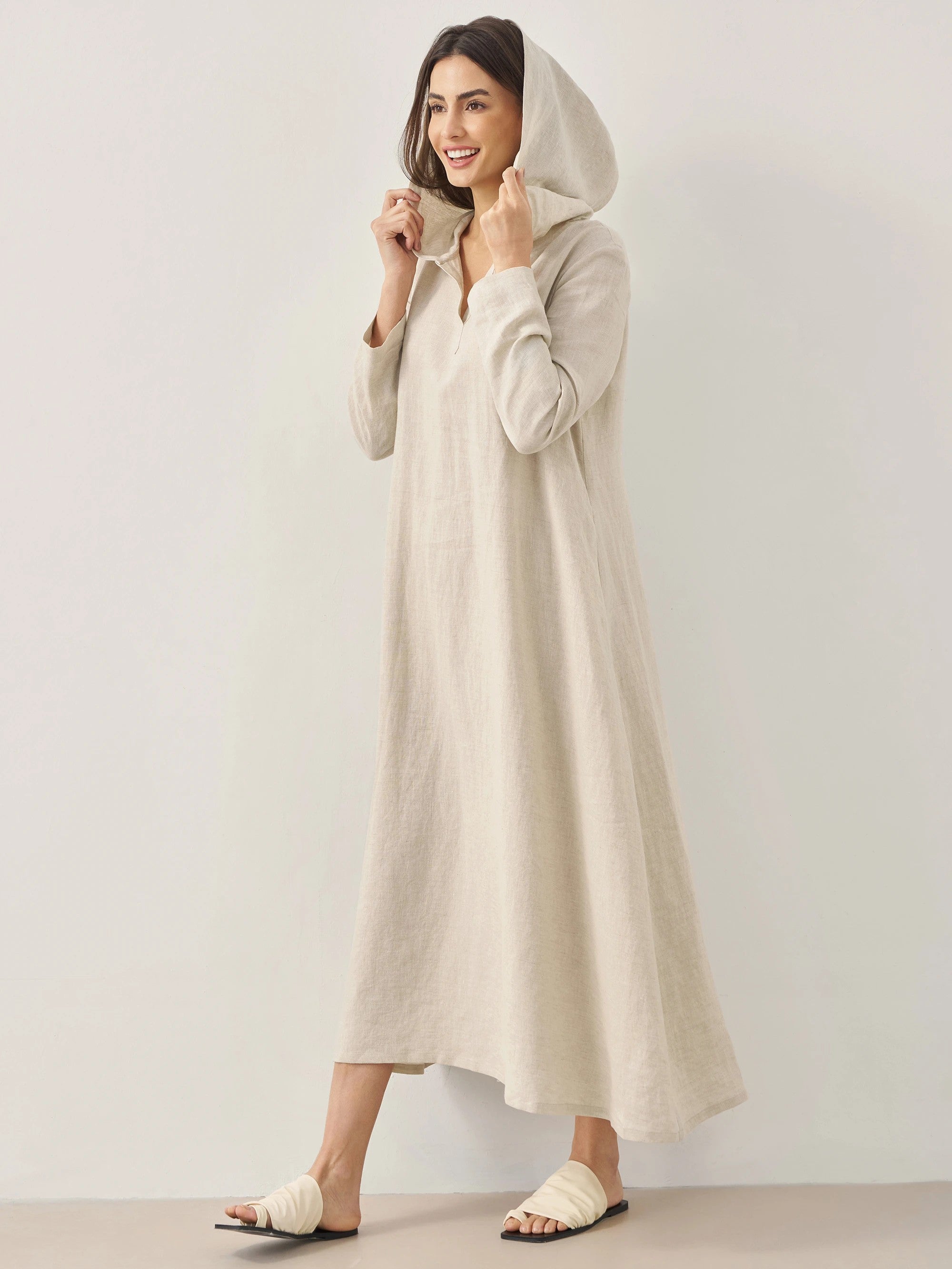 100% LINEN HOODED PULLOVER MAXI DRESS