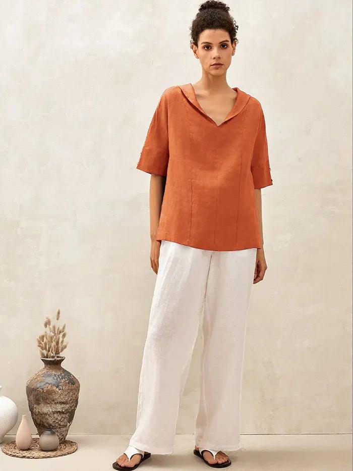 100% Linen V-Neck Short Sleeve Shirt SIERRA - TOPS-Linen Blouses